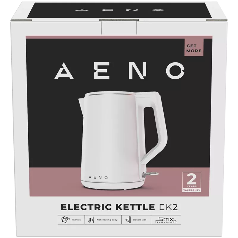 AENO Elektriskā tējkanna EK2: 1850-2200W, 1,5L, Strix, dubultsienas, nesildošs korpuss, automātiska izslēgšanās, aizsardzība pret sausu tvertni
