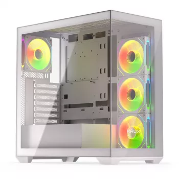 PC korpuss KRUX Exo RGB balta — ATX tornis, tērauds, 2x3,5 collu + 2x2,5 collu nodalījumi, USB-C, RGB