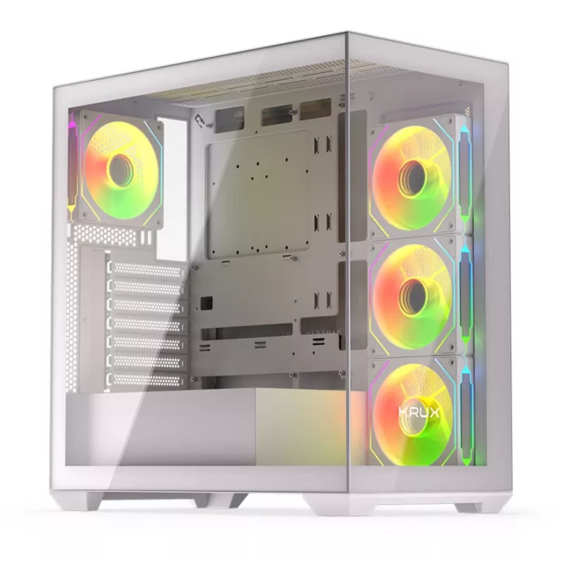 PC korpuss KRUX Exo RGB balta — ATX tornis, tērauds, 2x3,5 collu + 2x2,5 collu nodalījumi, USB-C, RGB