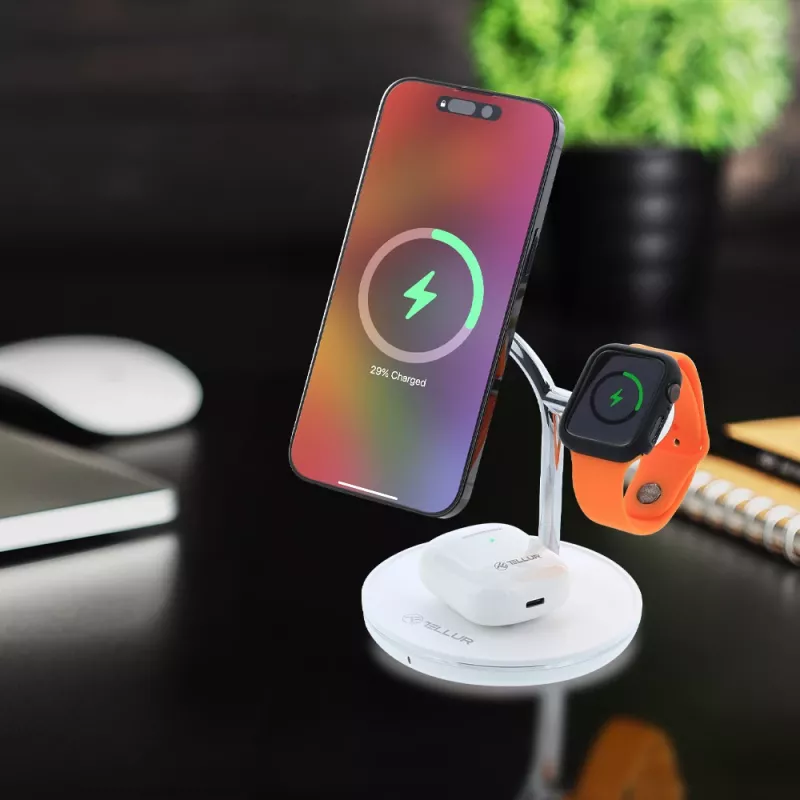 Bezvadu galda lādētājs Tellur TLL151391 3in1 MagSafe ātrā uzlāde tālrunim, pulkstenim un austiņām