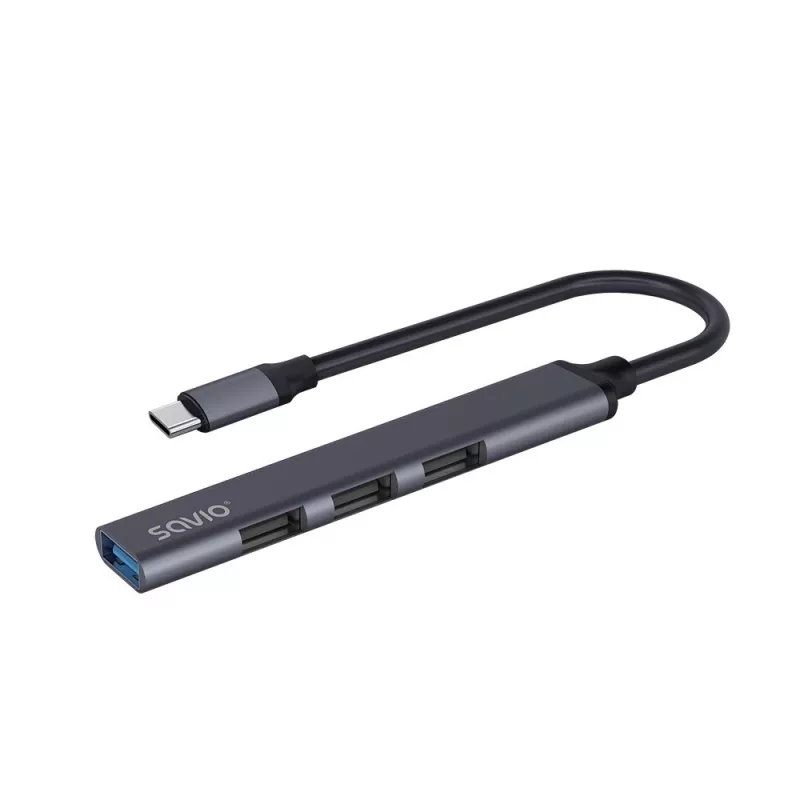 USB 3.0 4-portu saskarnes centrmezgls SAVIO AK-71 ar USB-C resursdatora pieslēgvietu, 5000 Mbit/s, 2 gadu garantija