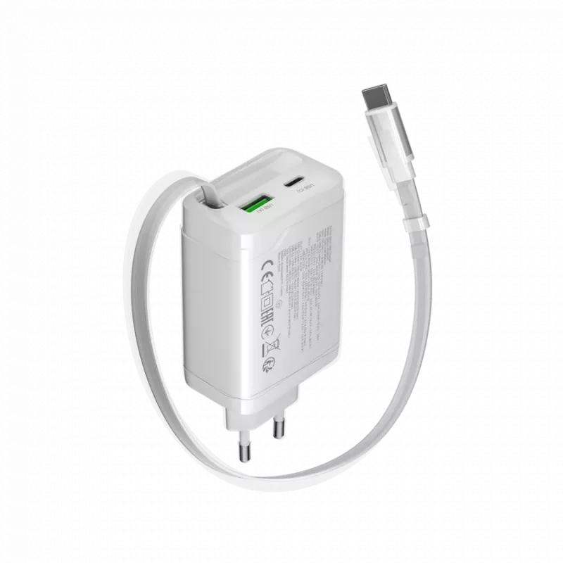 CANYON lādētājs OnCharge 65RC ar iebūvētu USB-C kabeli 65W, 1x PD, 1x QC, ES spraudnis, balts
