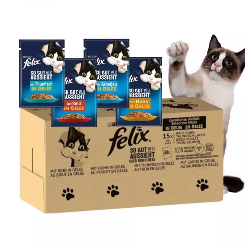 Mitrā kaķu barība Purina Felix ar augstu olbaltumvielu saturu 100 g paciņā — zivju un vistas garša, pieaugušiem kaķiem, iepakojumā 120 gab.