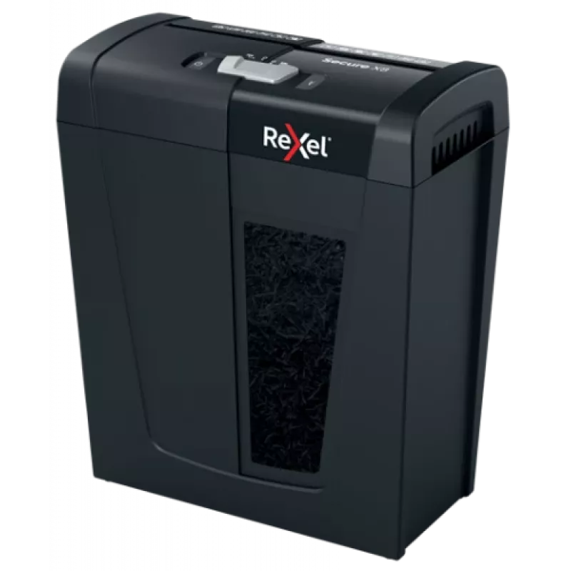 Papīra smalcinātājs REXEL Secure X8 — šķērsgriezuma P-4, 4x40 mm, 8 lapu ietilpība, 14 l tvertne, melns