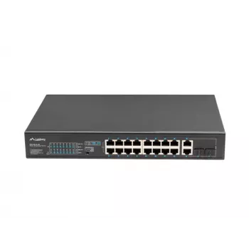 Nepārvaldāms slēdzis LANBERG RSFE-16P-2C-150 — 18 portu Gigabit, 16 PoE+/2 SFP, 150 W kopā, 1U statīvs, metāls, melns