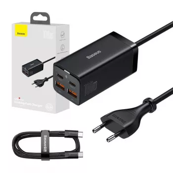 Baseus GaN3 Pro CCGP000101 galda lādētājs 100 W, 2x USB-C + 2x USB-A, PD 3.0, QC 4.0+, 1,5 m kabelis, melns