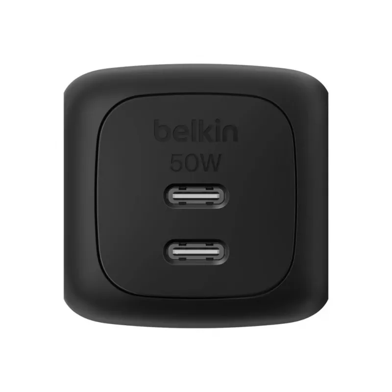 Iekštelpu maiņstrāvas ātrais lādētājs Belkin WCH019kqBK — 2× USB‑C, melns, OVP/OC/OT/SC aizsardzība
