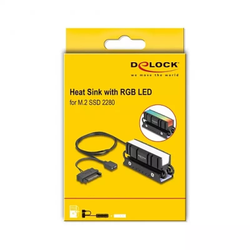 Heatsink DELOCK 18460 for M.2 SSD 2280 — Aluminium/Copper, RGB 5V, Melns