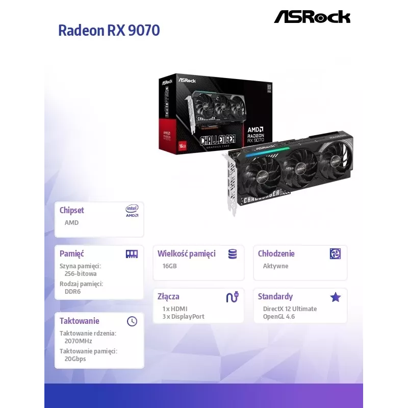 Grafikas karte ASRock Challenger Radeon RX 9070 — 16 GB GDDR6, 256 bitu, PCIe 5.0, 3x DisplayPort 2.1a + HDMI 2.1b