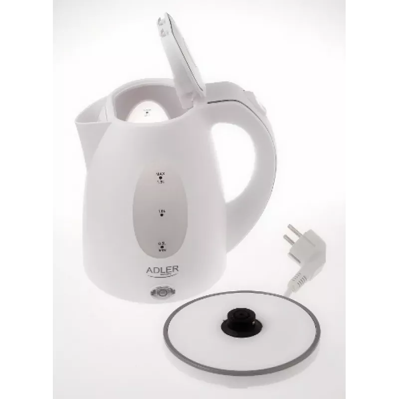 Adler | Tējkanna | AD 1207 | Standarta | 2000 W | 1,5 L | Plastmasa | 360° grozāma pamatne | Balta
