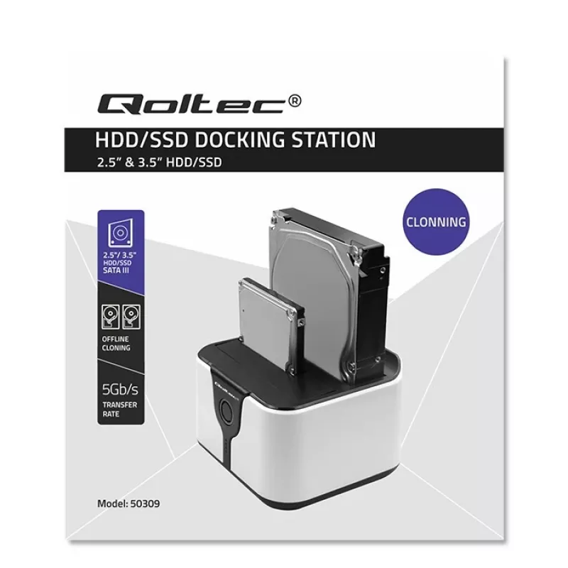Qoltec 50309 HDD SSD 2.5 3.5 dokstacija | SATA III | USB 3.0 | Super ātrums 5Gb/s | ar klonēšanas funkciju