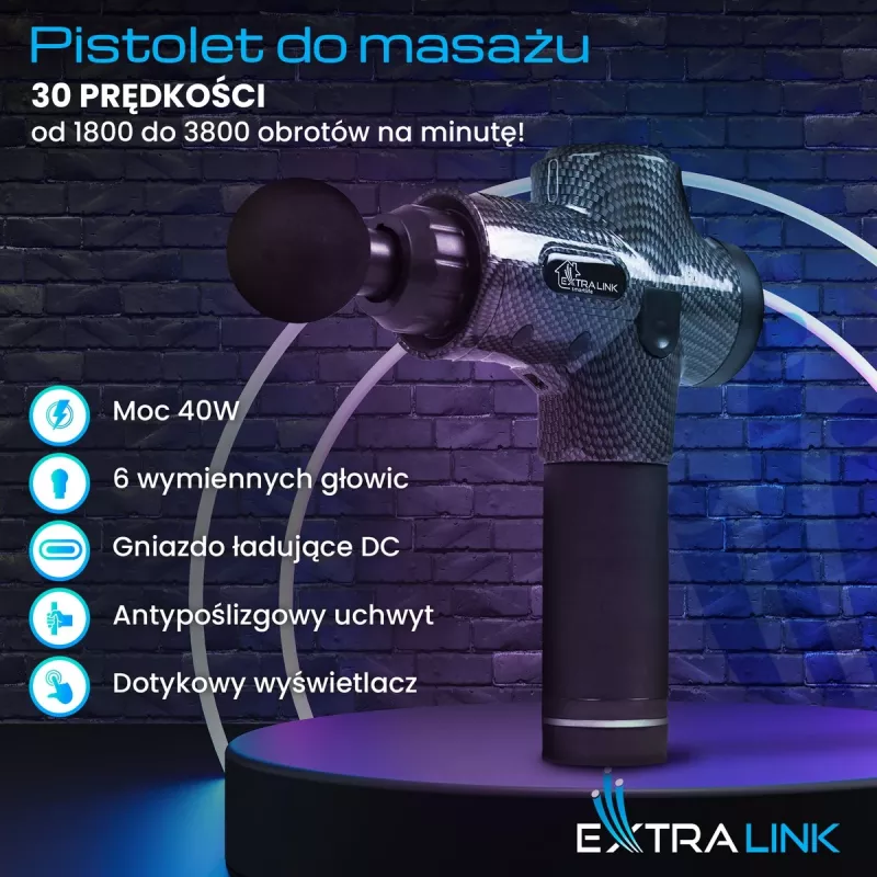 Masāžas pistole Extralink MSG-01-PRO 3800 RPM 6 uzgaļi