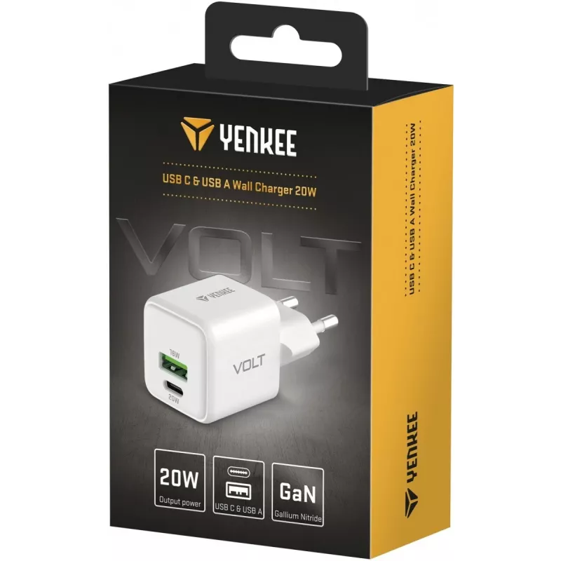 USB C/A tīkla lādētājs YENKEE YAC G38 20W 3A ar Power Delivery atbalstu (USB‑C un USB‑A)