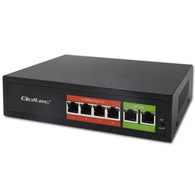Ethernet PoE slēdzis QOLTEC 52289 — 4x RJ45 PoE porti, 2x RJ45 augšupsaites porti, 65W jaudas budžets