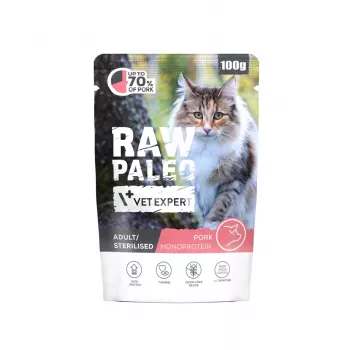 Mitrā kaķu barība VETEXPERT Raw Paleo Adult Sterilised Pork 100 g — pilnvērtīga neapstrādāta diēta sterilizētiem pieaugušiem kaķiem