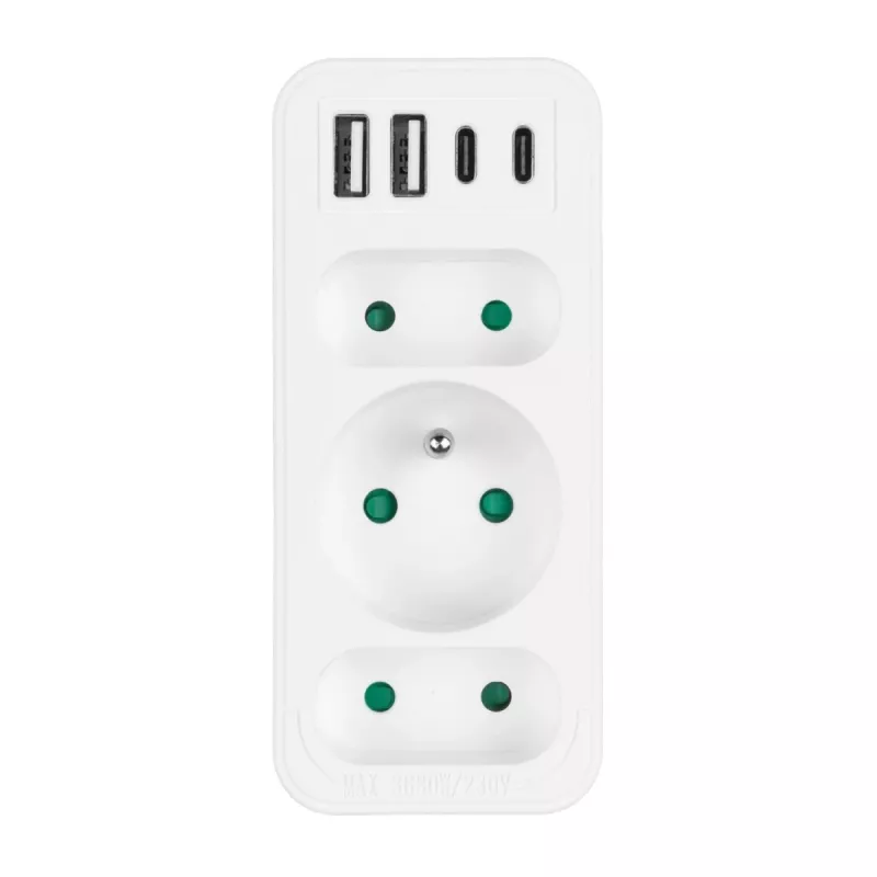 Strāvas sadalītājs MACLEAN MCE248 F/W — 3 maiņstrāvas kontaktligzdas (1×16A, 2×6A) + 4×USB (2×A, 2×C PD 20W), ES kontaktdakša, balts