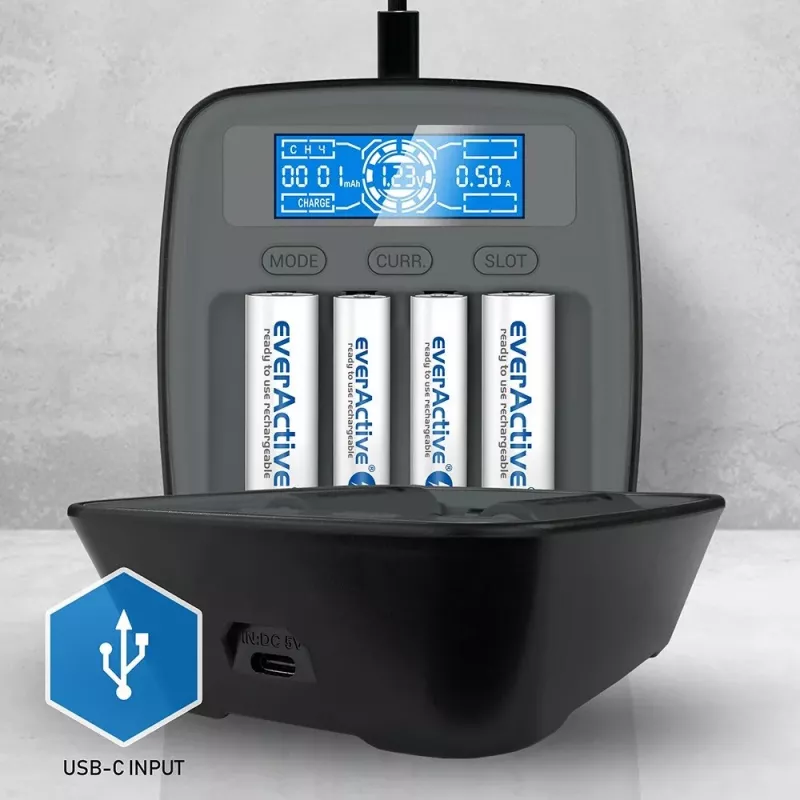Bateriju lādētājs everActive NC1000MV2 — Ni‑MH 4 slotu USB‑C lādētājs, 4 elementi, 5 V, melns, 110×99×38 mm