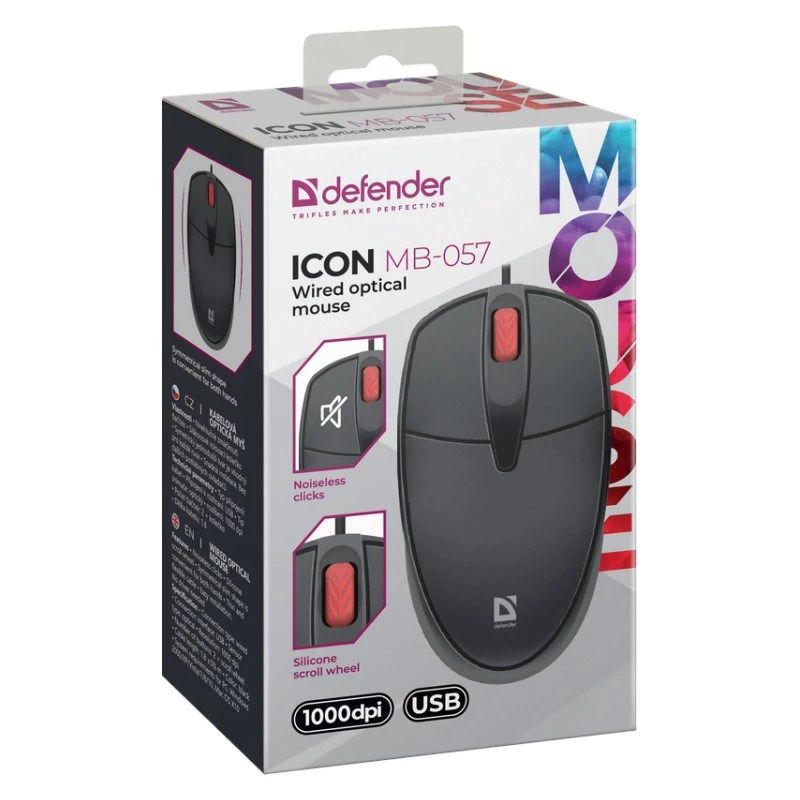 pele DEFENDER ICON MB-057 OPTICAL 1000dpi 3P Melns SILENT CLICK