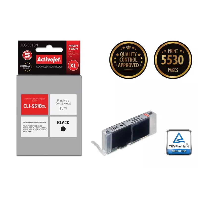 Activejet ACC-551BN tintes kasetne (aizstāj Canon CLI-551BK; Supreme; 15 ml; melna)