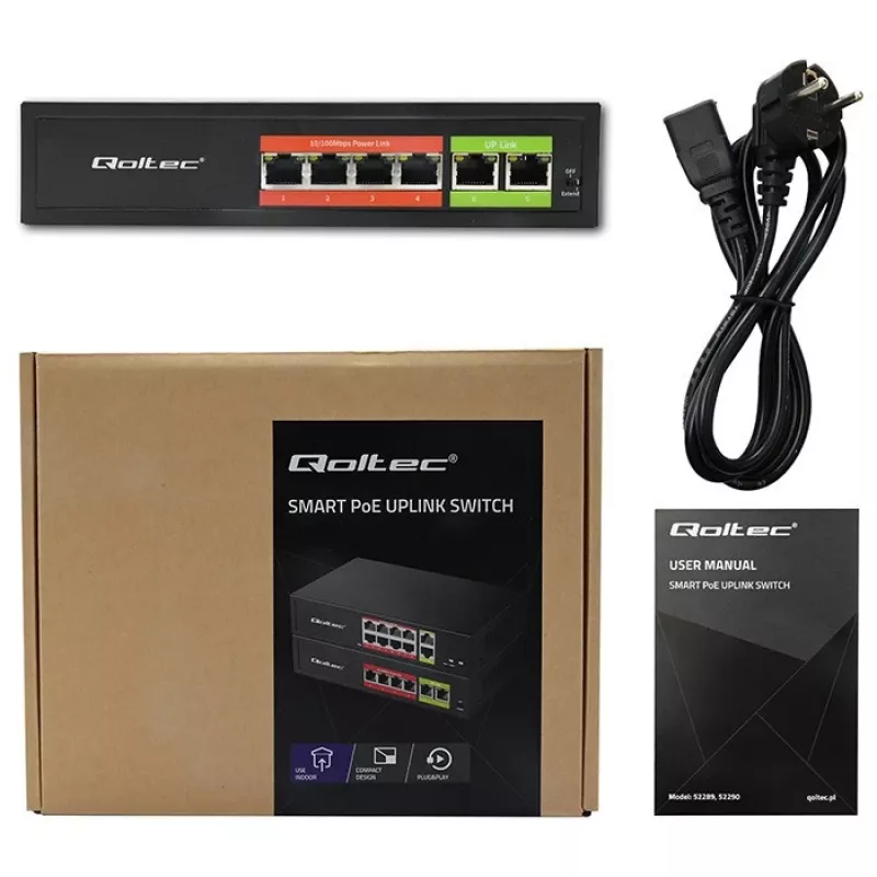 Ethernet PoE slēdzis QOLTEC 52289 — 4x RJ45 PoE porti, 2x RJ45 augšupsaites porti, 65W jaudas budžets
