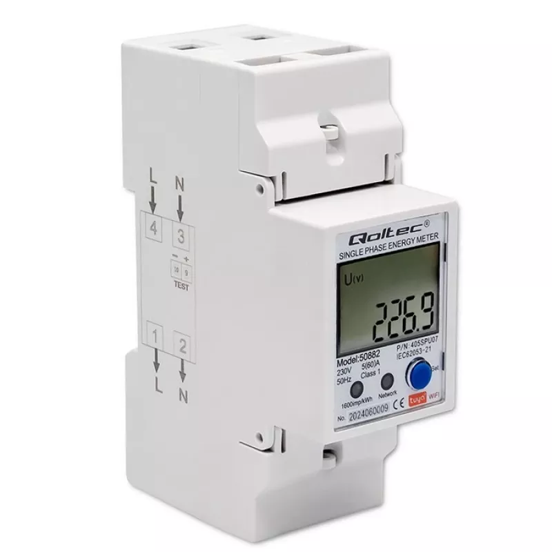 Qoltec 50882 Vienfāzes elektroniskais enerģijas patēriņa skaitītājs DIN sliedei | Wi-Fi | TUYA | 230V | LCD