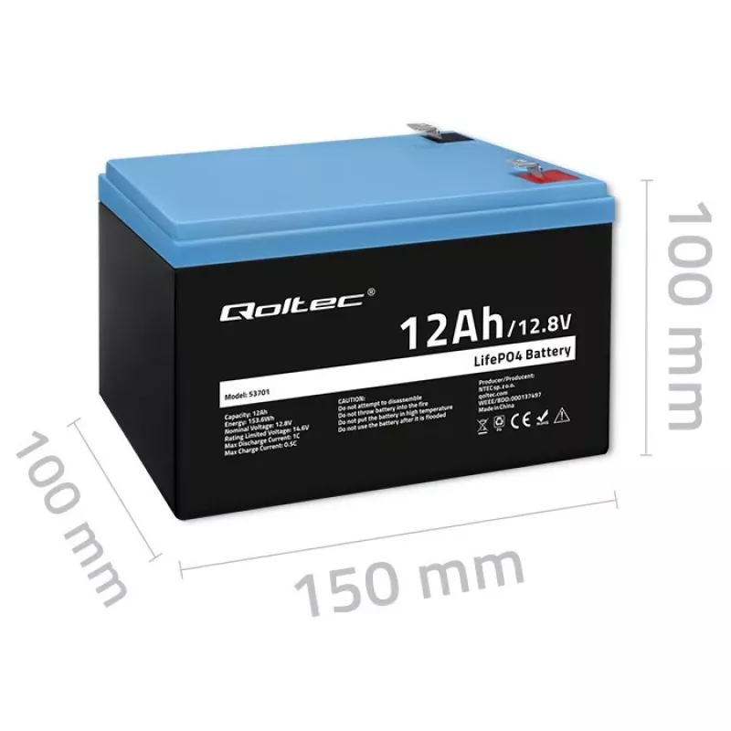 Qoltec LiFePO4 litija dzelzs fosfāta baterija 12,8 V 12 Ah 153,6 Wh ar BMS