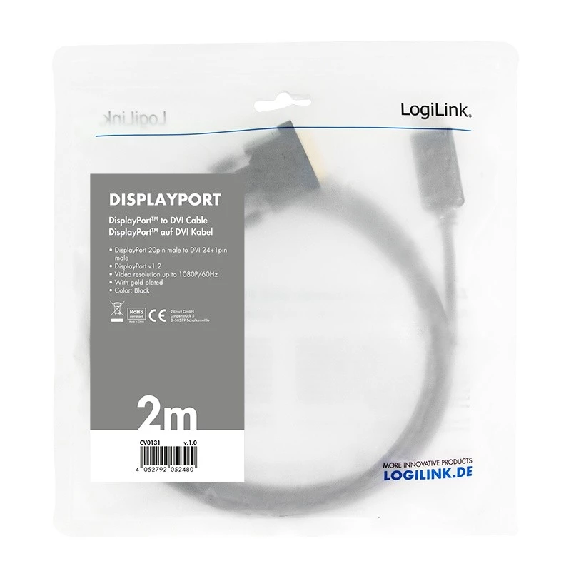 Video kabeļa adapteris LogiLink CV0131 2 m DisplayPort DVI melns