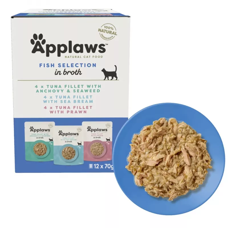 Mitrā kaķu barība Applaws Zivju izlases multipaka buljonā 12 x 70 g, pieaugušiem kaķiem, 83% mitruma, paciņas