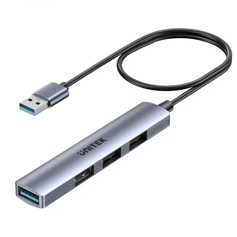 USB centrmezgls Unitek H1208CGY01 — 4 portu USB 3.0 (5 Gbps), atpakaļsaderīgs ar USB 2.0, alumīnija