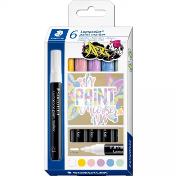 Marķieru komplekts Staedtler Lumocolor 6 pasteļkrāsās — akrila tinte, 6 pasteļtoņu sortiments
