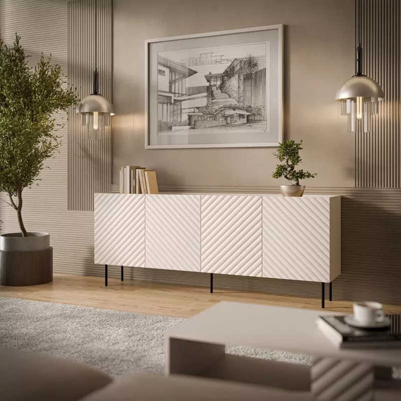 Kumode Cama Meble LUCCA 4D — 200 x 40 x 80 cm, kašmira krāsa, skaidu plātne
