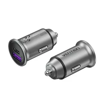 Vention divu portu USB A+A (30+30) automašīnas lādētājs pelēkā mini stilā, alumīnija sakausējums