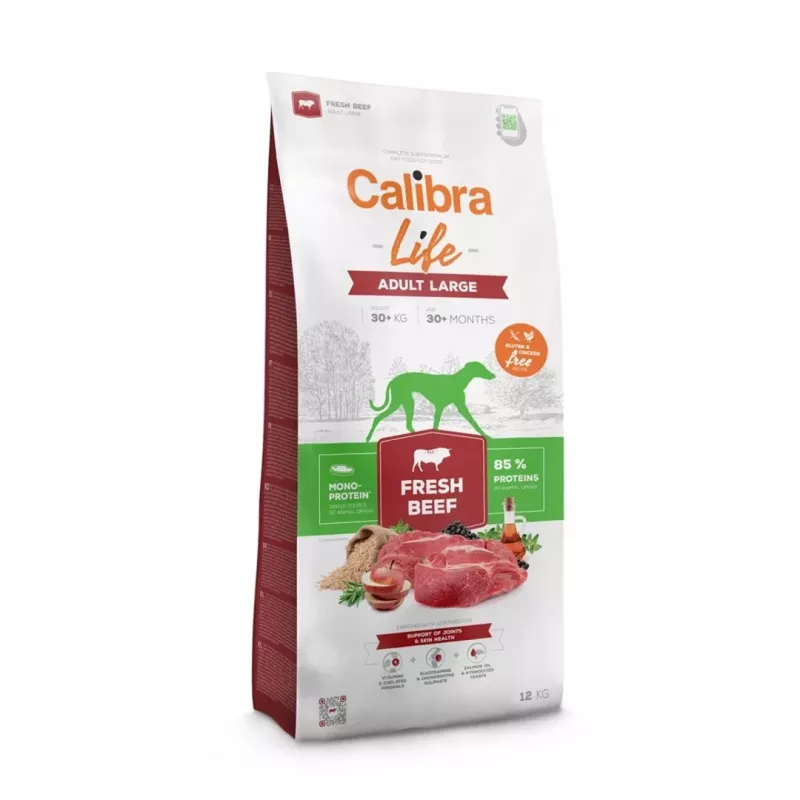 Sausā suņu barība Calibra Life Adult Large Fresh Beef 12 kg — pieaugušiem lielu šķirņu suņiem, 25–45 kg, 25% olbaltumvielu, 14% tauku