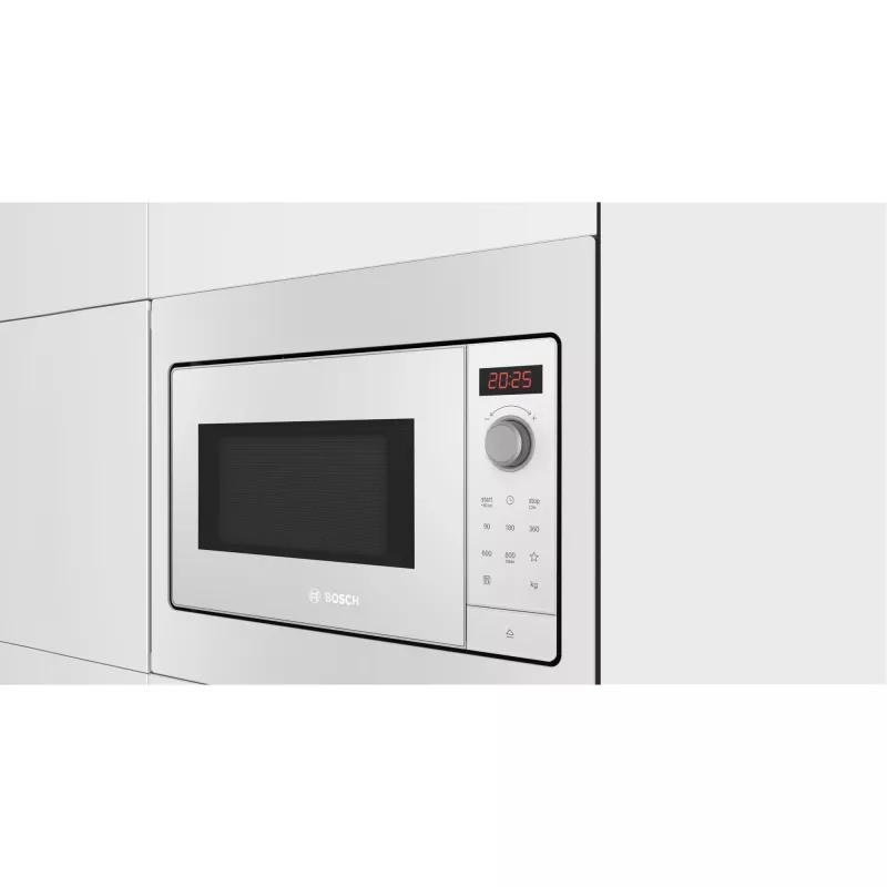 Iebūvējamā solo mikroviļņu krāsns Bosch BFL523MW3, 800 W, 20 L, balta, skārienvadība un rotācijas vadība