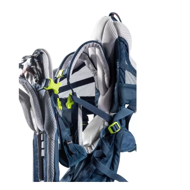 Bērnu pārnēsājamā mugursoma DEUTER Kid Comfort Active — zila, poliamīds, līdz 22 kg, saulessargs, kāju balsts, VariQuick, Lite Air