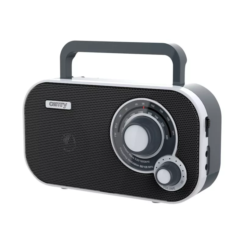 Pārnēsājamais radio Camry CR 1140b — AM/MF, pelēks, maiņstrāvas vai bateriju barošana, kompakts 280×65×113 mm