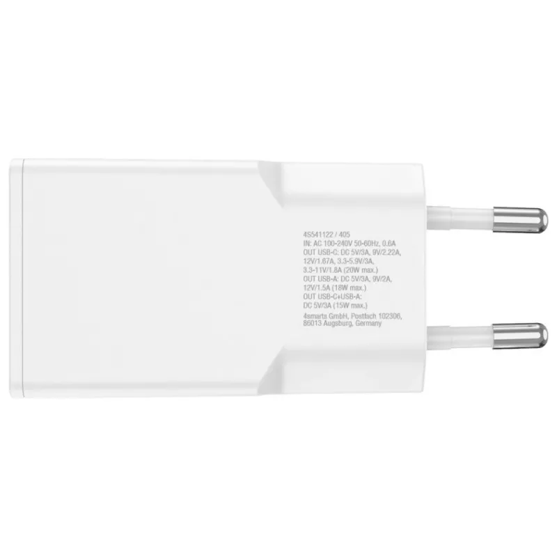 Mobilās ierīces lādētājs 4smarts 541509 — 100–240V, USB-A + USB-C, 1,5 m kabelis, ātrā uzlāde, balts