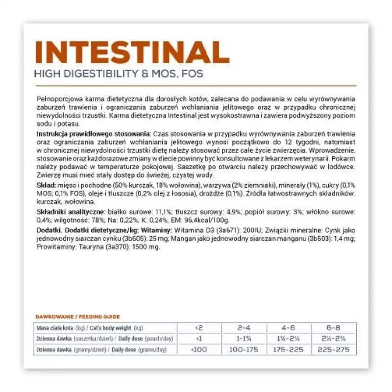 Mitrā veterinārā diēta VETEXPERT Intestinal Cat 100 g — vista, olbaltumvielas 38%, tauki 20%, pieaugušiem kaķiem, aizkuņģa dziedzera mazspēja