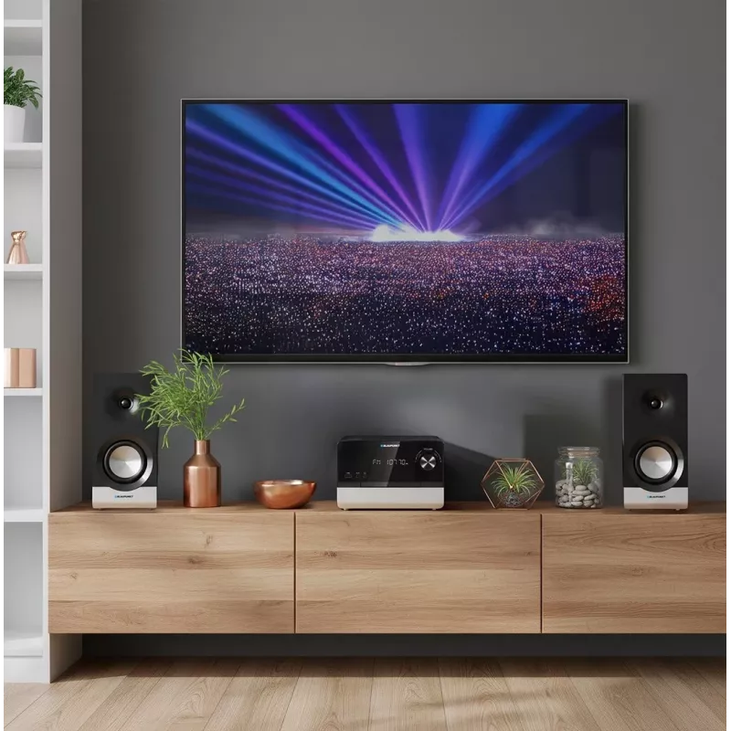 Mājas audio mikrosistēma BLAUPUNKT MS40.2BT — 2×50 W RMS, Bluetooth, CD, USB, HDMI ARC, optiskā ieeja, LED displejs (melna)