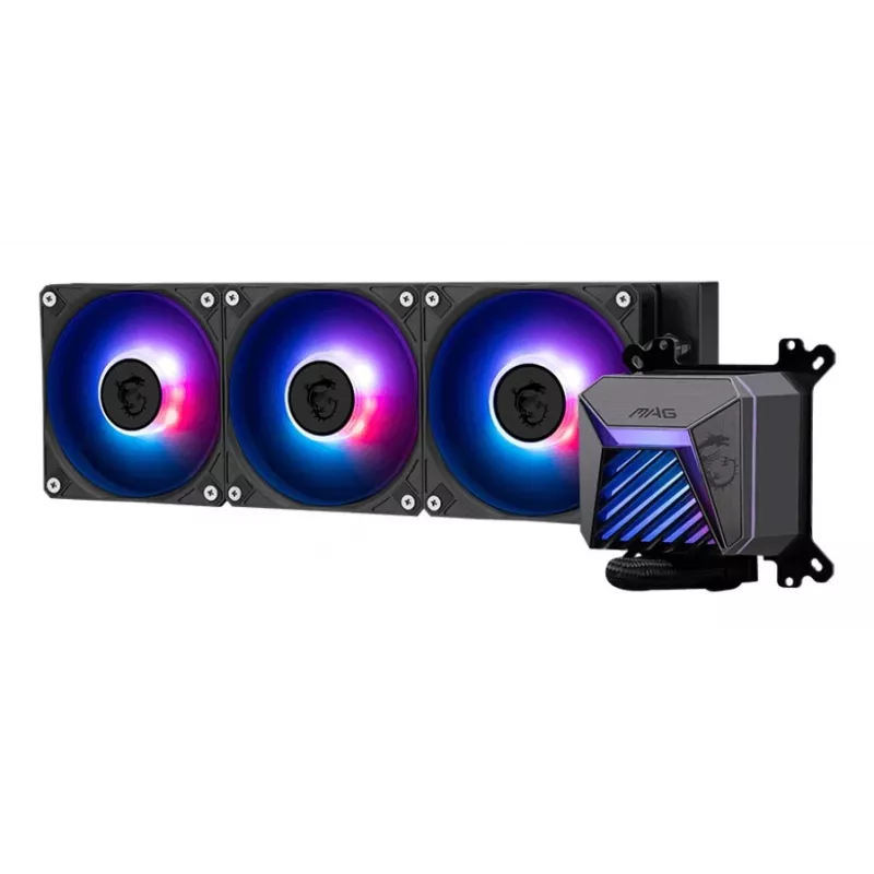 Viss vienā šķidruma dzesētājs MSI MAG Coreliquid A15 360 — 3x 120 mm ventilatori, radiators 394 x 120 x 27 mm, sūknis 5V, RGB, atbalsta LGA 1851