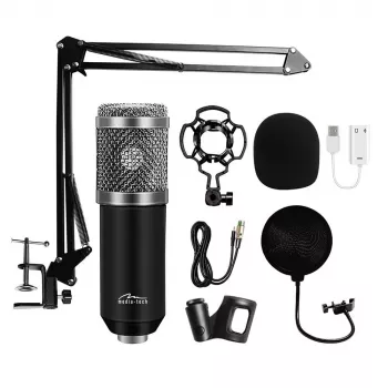 PC mikrofons MEDIA-TECH MT397S — vadu, XLR ieeja, 20–20000 Hz, 150 Ω, -32 dB, 2,4 m kabelis, galda statīvs, melns