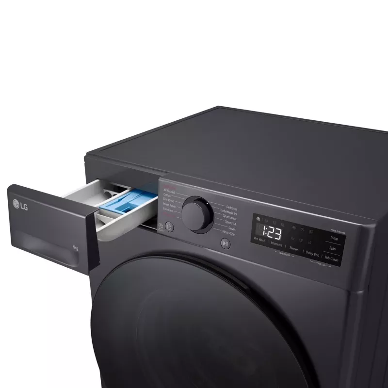 Veļas mazgājamā mašīna LG F2WR508S2M — ar priekšējo ielādi, 8 kg, 1200 apgr./min, A efektivitātes klase, 60×48 cm, LED, vidēji melna