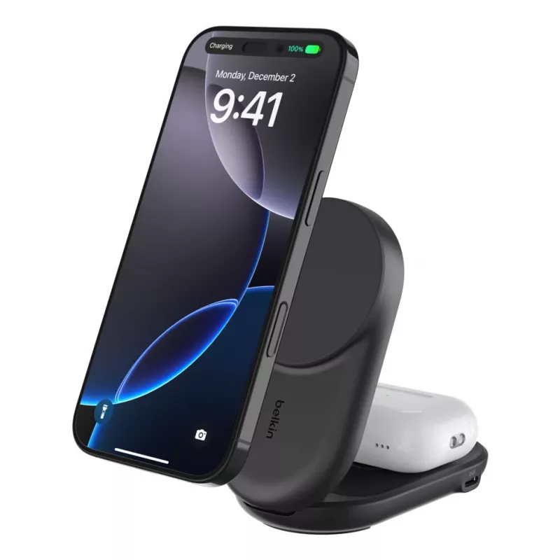 Iekštelpu lādētājs Belkin UltraCharge 25w Qi2 2in1 Magnetic USB-C melns apaļš