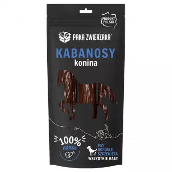 Suņu gardumi PAKA ZWIERZAKA Zirga desiņas 80 g — košļājami treniņu našķi pieaugušiem suņiem, olbaltumvielas 56,7%, tauki 13,9%