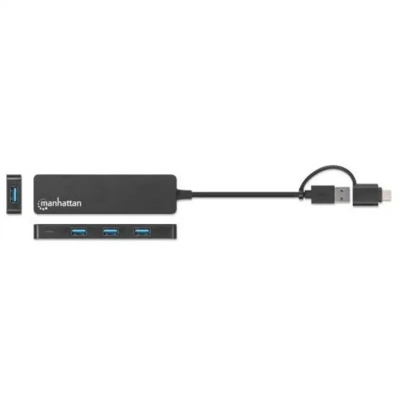 Manhattan USB-C un USB-A kombinētā dokstacija/cents, Porti (4): USB-A (x4), 5 Gbps (USB 3.2 Gen1 jeb USB 3.0), Ar USB barošanu (nav nepieciešams ārējs barošanas avots)