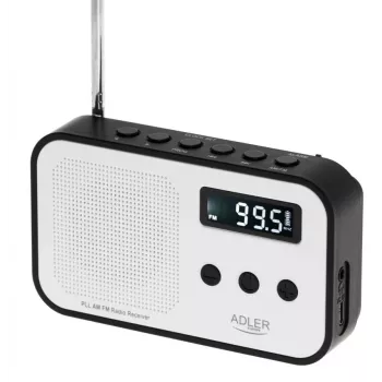 Pārnēsājamais ciparu radio Adler AD 1907 — AM/FM, ciparu uztvērējs, modinātājs, USB-C, 600 mAh baterija, LCD, 20 atmiņas vietas, teleskopiskā antena