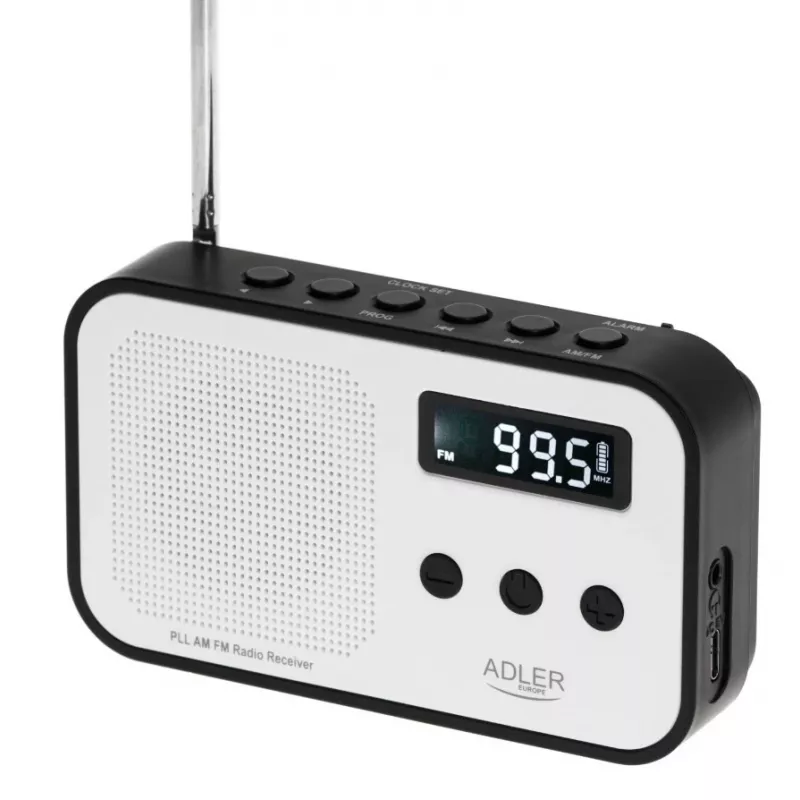 Pārnēsājamais ciparu radio Adler AD 1907 — AM/FM, ciparu uztvērējs, modinātājs, USB-C, 600 mAh baterija, LCD, 20 atmiņas vietas, teleskopiskā antena