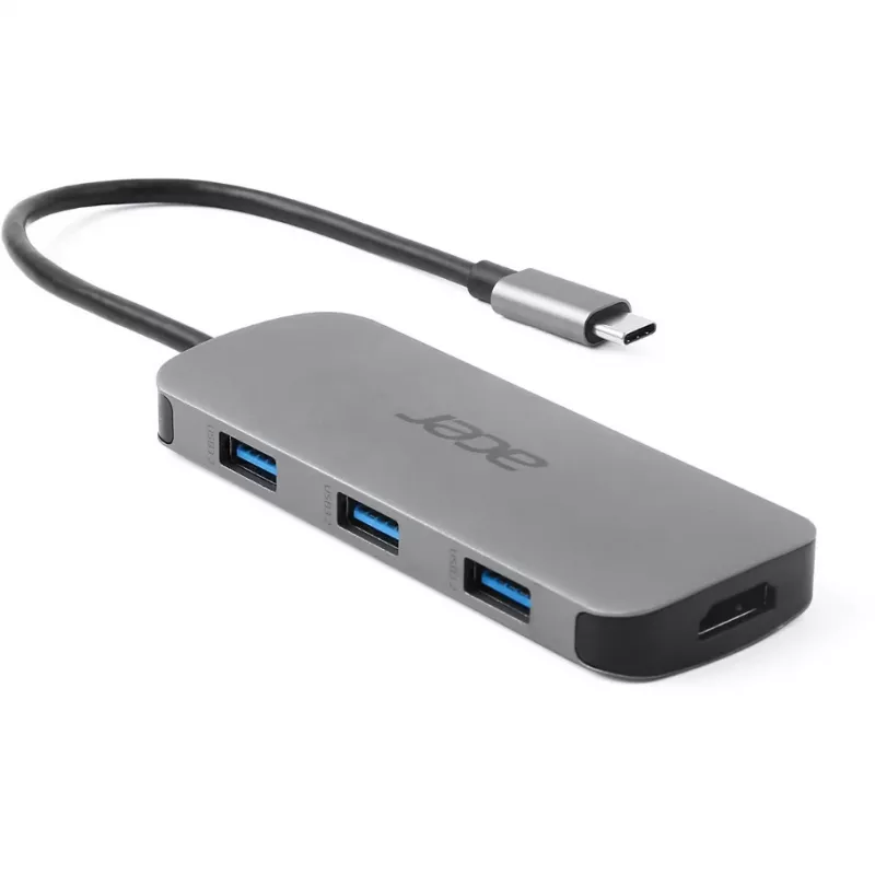7-in-1 USB-C Dongle Acer — USB 3.2 Gen 1 Type-C, 3x USB-A, HDMI, SD/microSD, 100 W PD, Sudraba krāsa