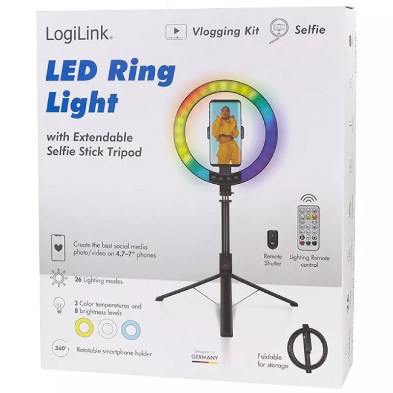 LogiLink viedtālruņa gredzenveida lampa ar selfiju statīvu, DM 20 cm (AA0156)