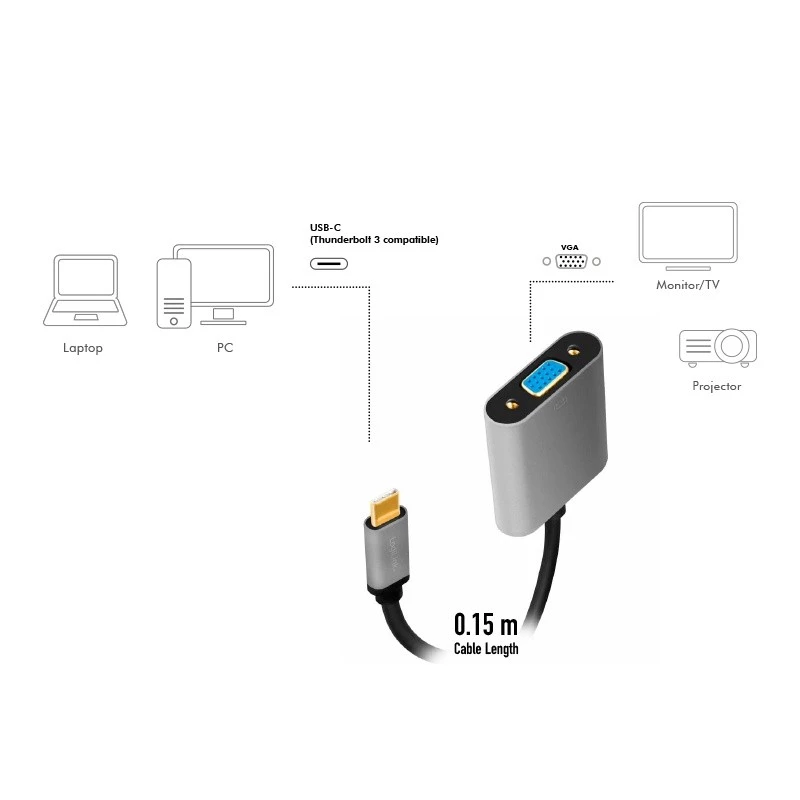 USB Type-C uz VGA (D-Sub) video adaptera kabelis LOGILINK CUA0104 0,15 m, pelēks/melns